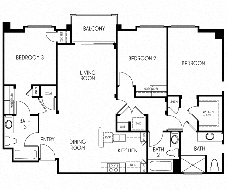 3 bedroom 3 bathroom Floor plan D at The Adler Apartments, Los Angeles, California